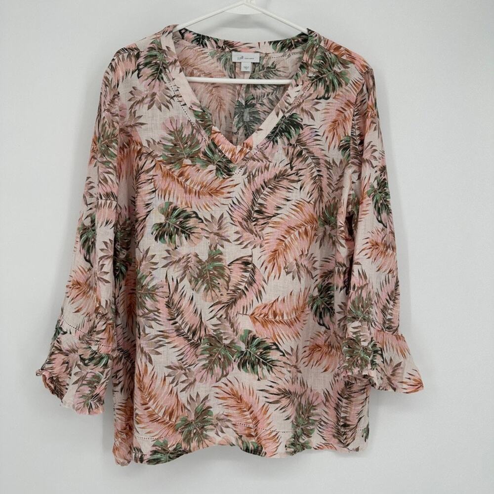 J Jill Love Linen Tropical Palm Leaf Print Top Womens Medium Pink Lightweight